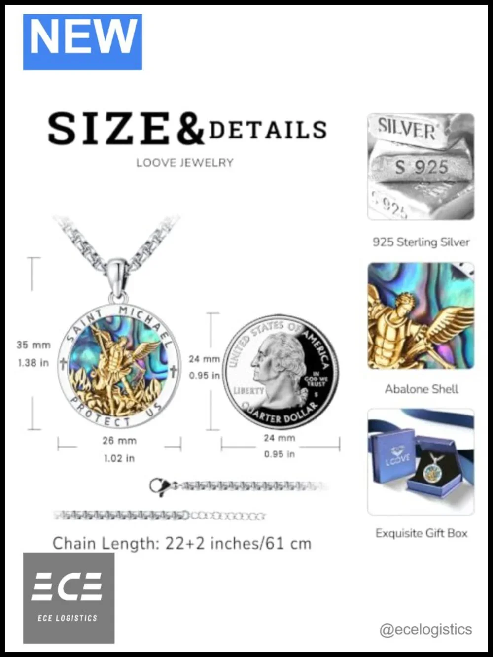 Sterling Silver St Michael Pendant Necklace Gold Plated Abalone
